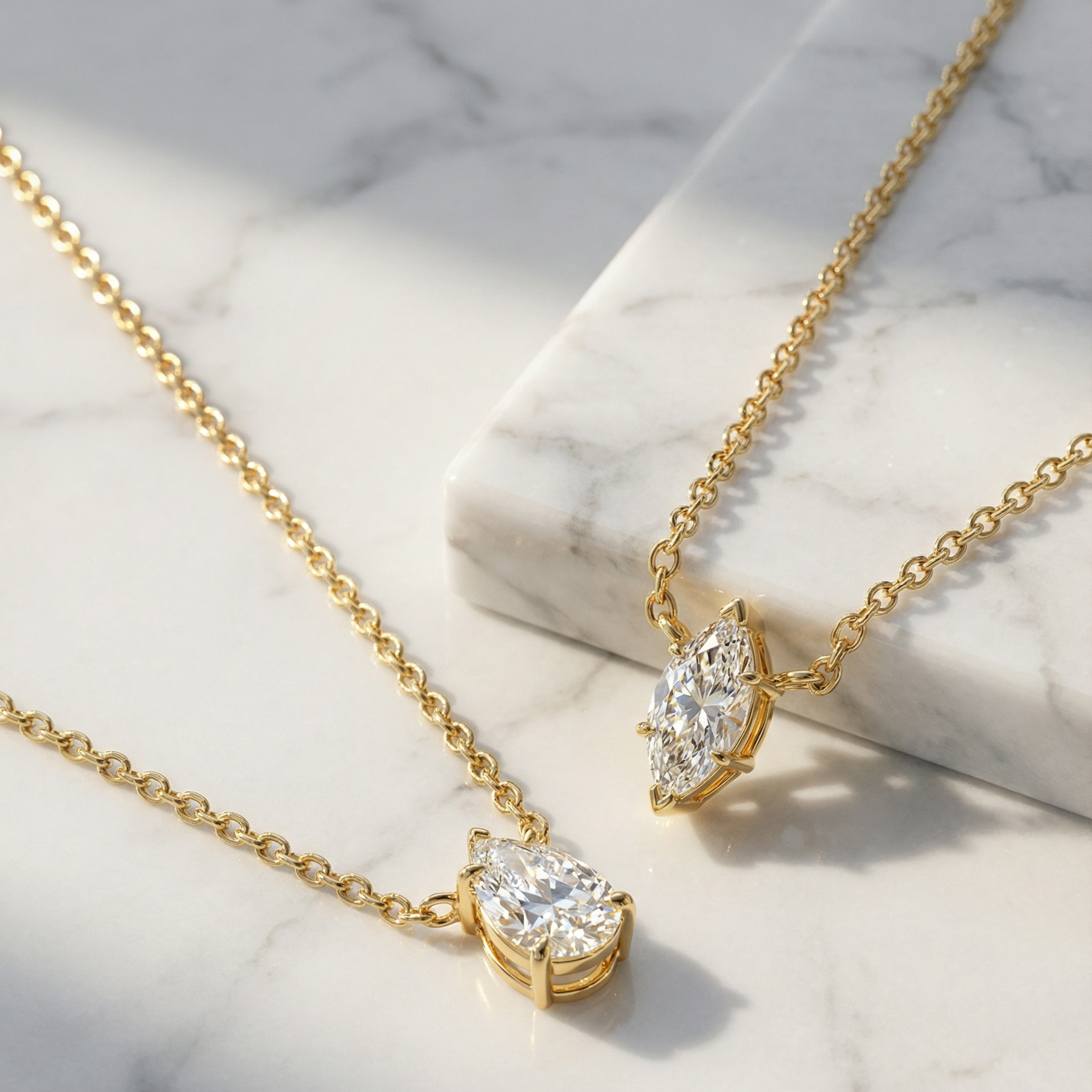 Gold necklaces with pear and marquise-shaped diamond pendants on a marble surface
