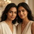 Two women posing together with a warm, blurred background