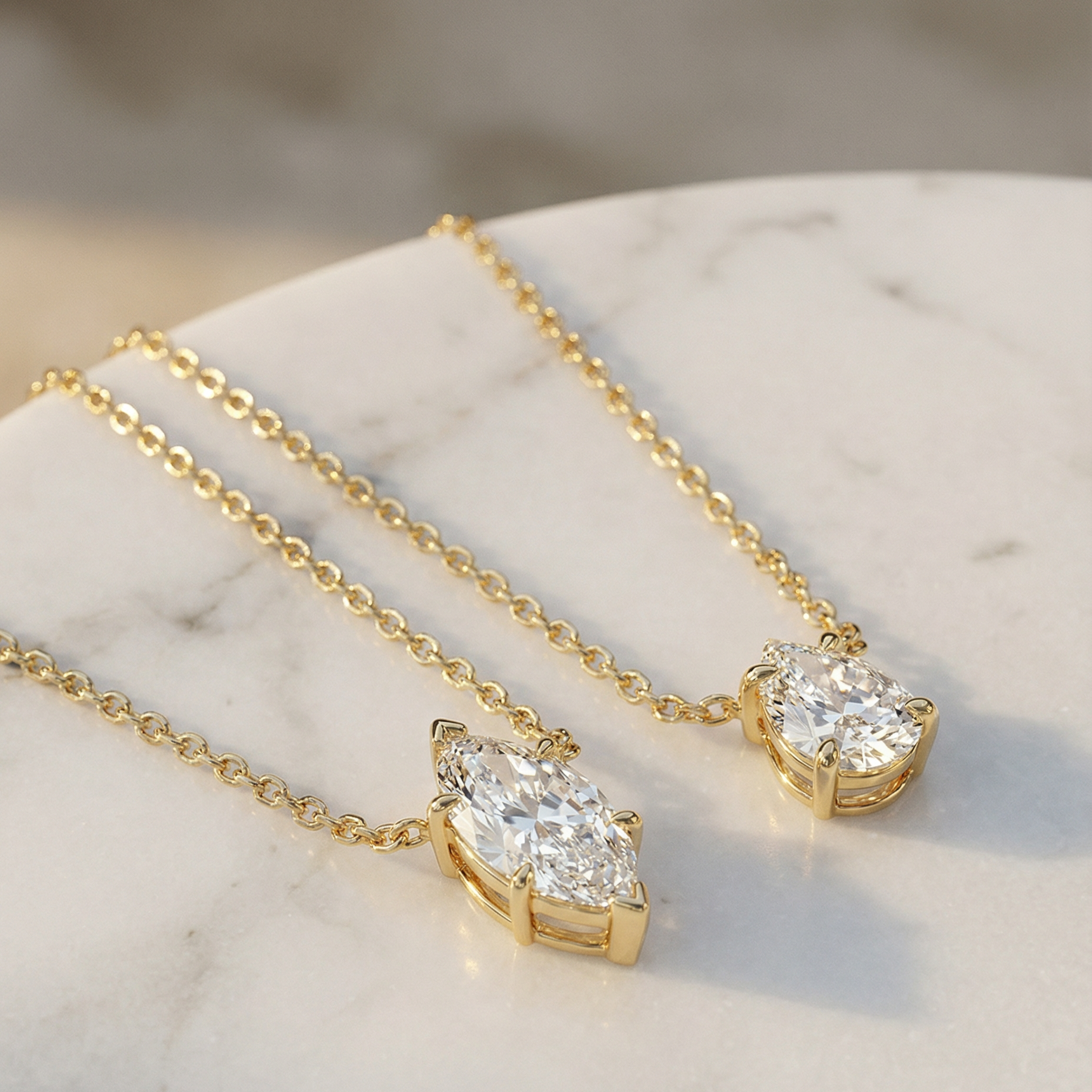 Gold necklace with pear and marquise shaped diamond pendants on a marble surface