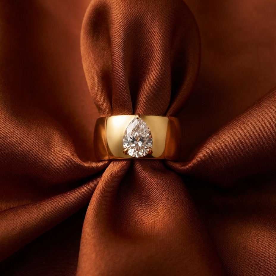 Gold ring with a diamond on a brown fabric background